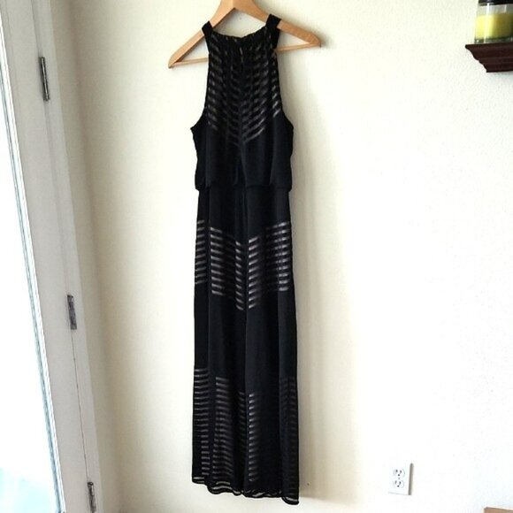 London Times Betsy Knit Black Chevron Ilusión Halter Keyhole Lined Maxi Dress - Picture 6 of 15